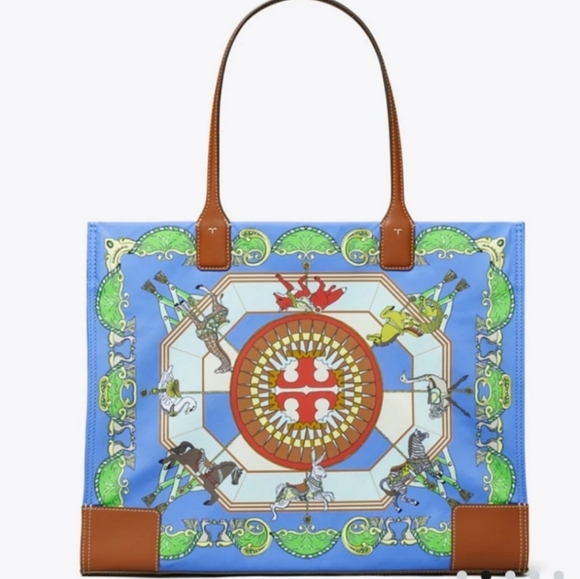 Tory Burch Ella Printed Tote Blue Carousel NWT - Picture 1 of 7